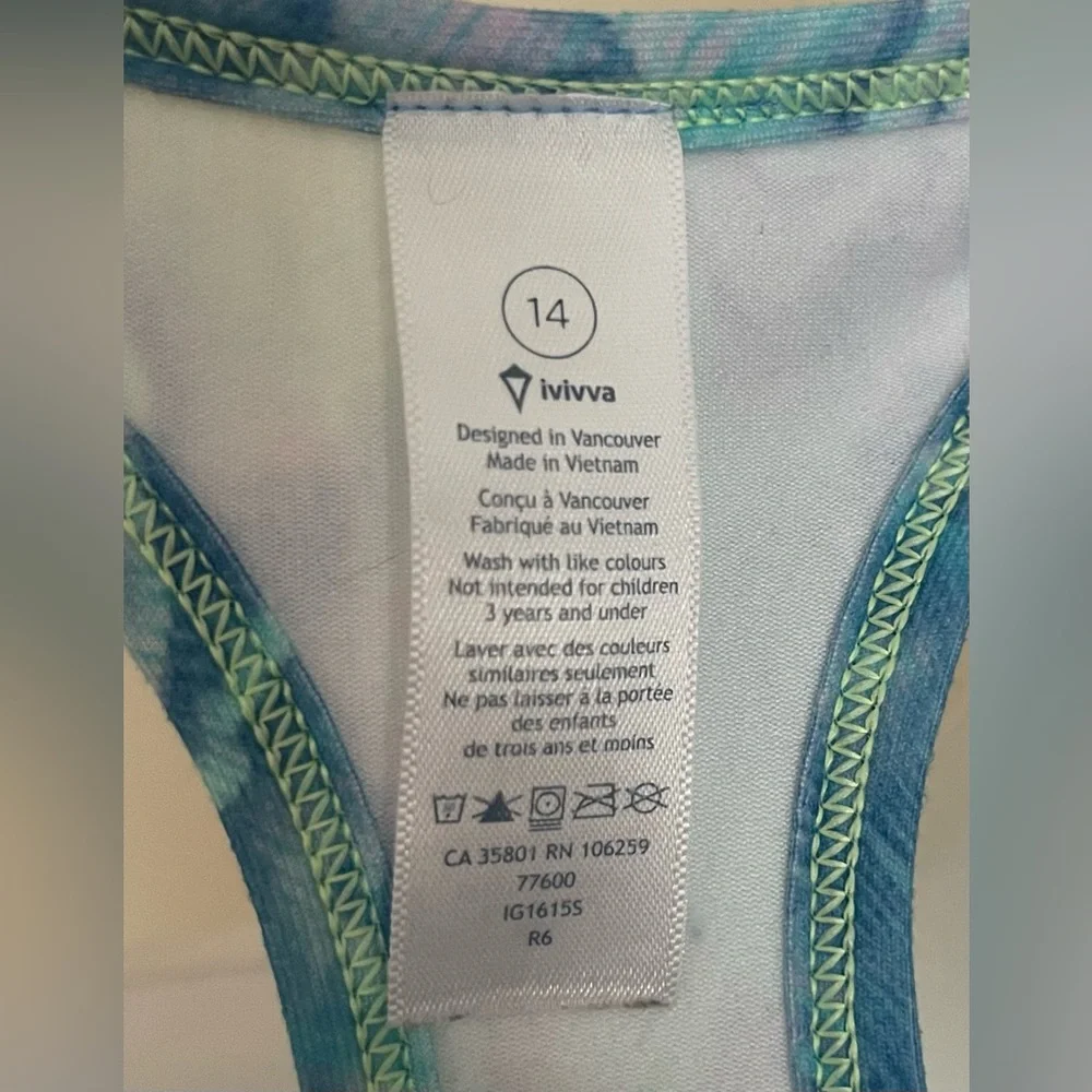Ivivva Abstract, Blue/Pink/Yellow/Green, Racerback Sports Tank Top, Size 14 Girl